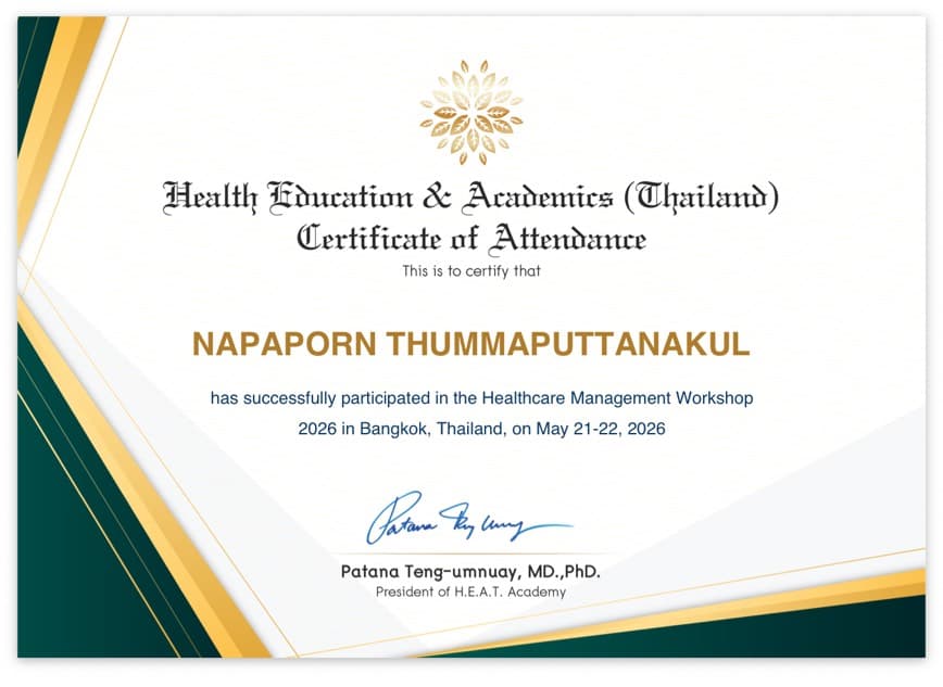 Health Education & Academics (Thailand) - Certificate of Attendance, Healthcare Management Workshop 2026