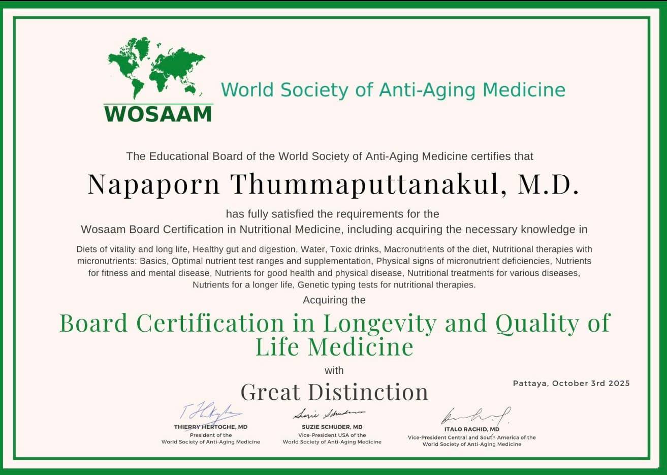 WOSAAM - Board Certification in Longevity and Quality of Life Medicine, Great Distinction 2025